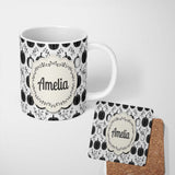 Personalized Custom Name Black and White Pumpkin Illustration Seamless Pattern Halloween 11oz Ceramic Coffee Tea Mug White Large Handle