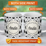 Personalized Custom Name Black and White Pumpkin Illustration Seamless Pattern Halloween 11oz Ceramic Coffee Tea Mug White Large Handle