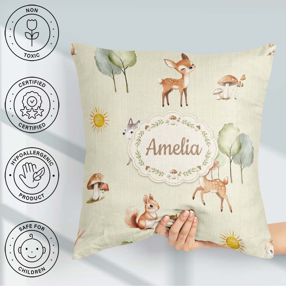 Custom Name Woodland Deer Fox Mushroom Seamless Pattern on Cream Square Filled Cushion Throw Pillow Sofa Bed Home Decor Zip Washable UK Made