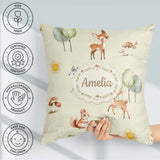 Custom Name Woodland Deer Fox Mushroom Seamless Pattern on Cream Square Filled Cushion Throw Pillow Sofa Bed Home Decor Zip Washable UK Made