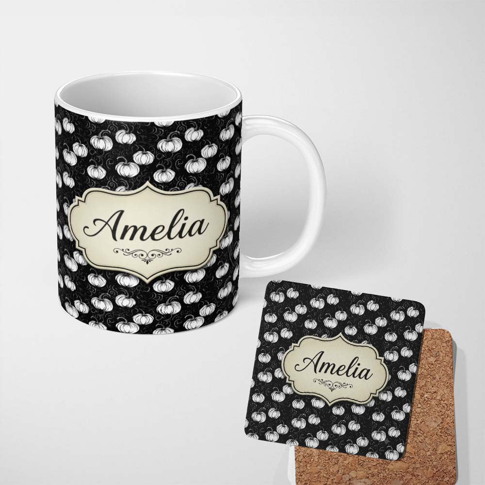 Personalized Custom Name Monochrome White Pumpkins on Black Seamless Pattern Elegant 11oz Ceramic Coffee Tea Mug White Large Handle