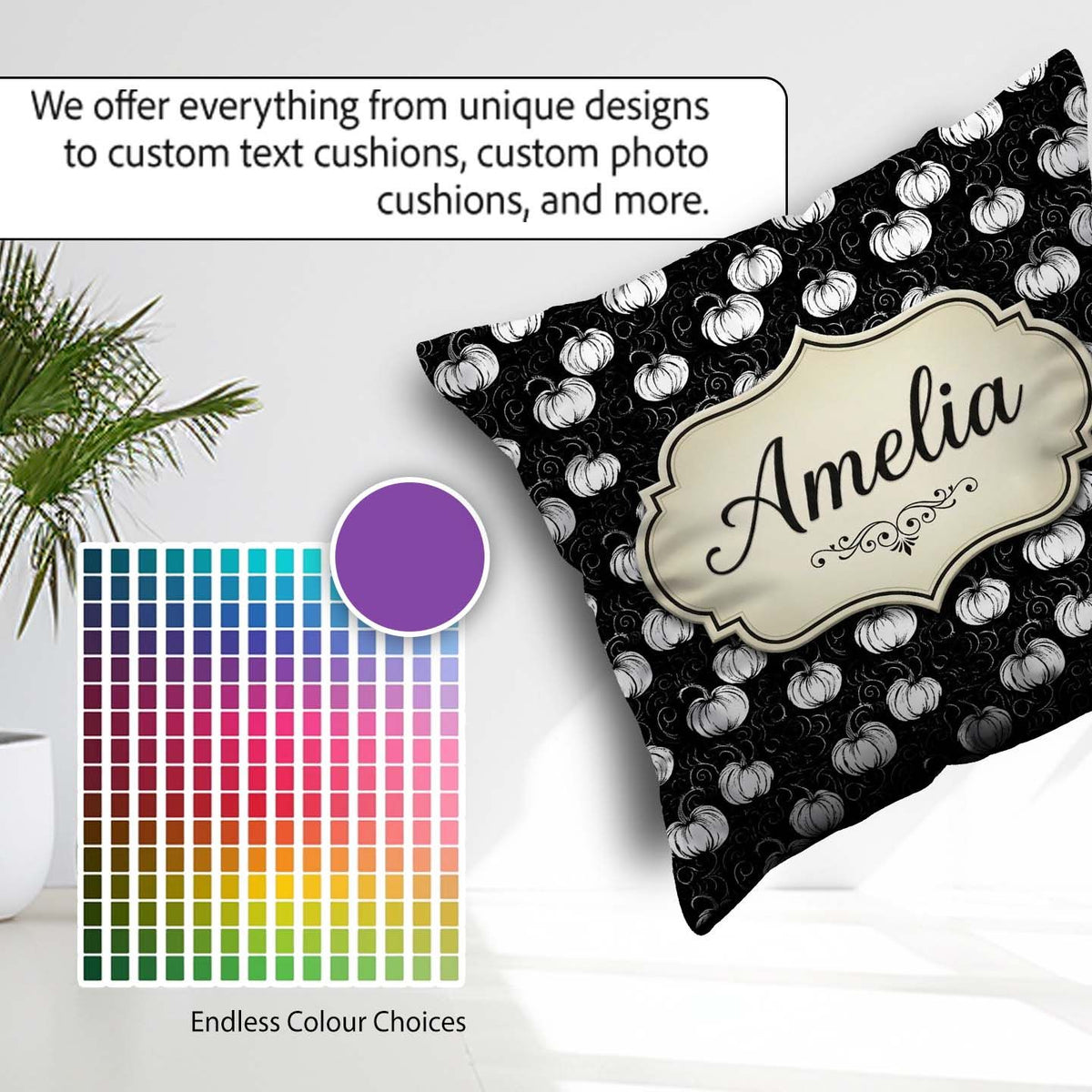 Custom Name Monochrome White Pumpkins on Black Seamless Pattern Square Filled Cushion Throw Pillow Sofa Bed Home Decor Zip Washable UK Made