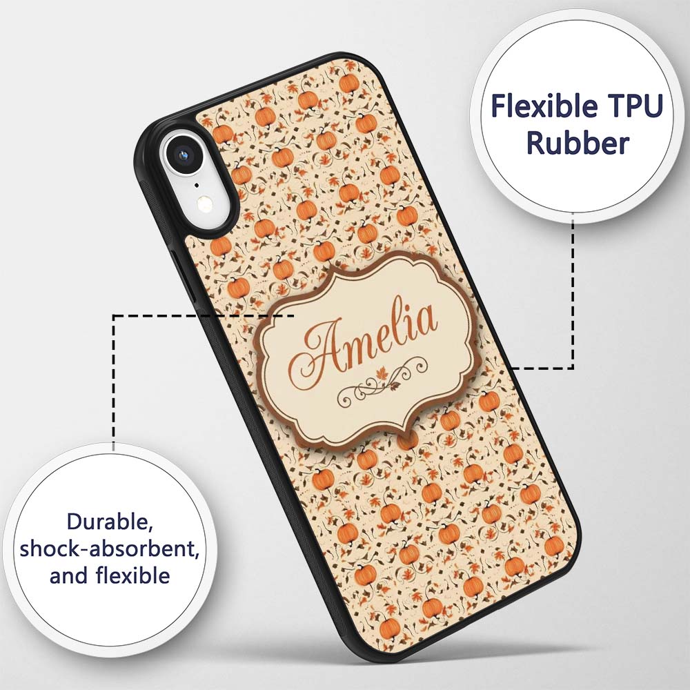 Autumn Pumpkins and Swirling Leaves Seamless Custom Name Protective Phone Case Mobile Cover Durable Everyday Smartphone Shock Resistant
