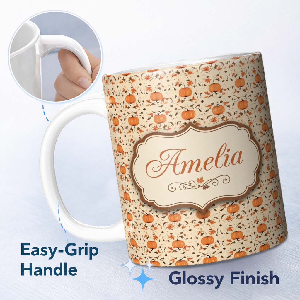 Personalized Custom Name Autumn Pumpkins and Swirling Leaves Seamless Pattern Warm Beige 11oz Ceramic Coffee Tea Mug White Large Handle