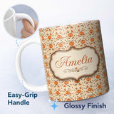 Personalized Custom Name Autumn Pumpkins and Swirling Leaves Seamless Pattern Warm Beige 11oz Ceramic Coffee Tea Mug White Large Handle