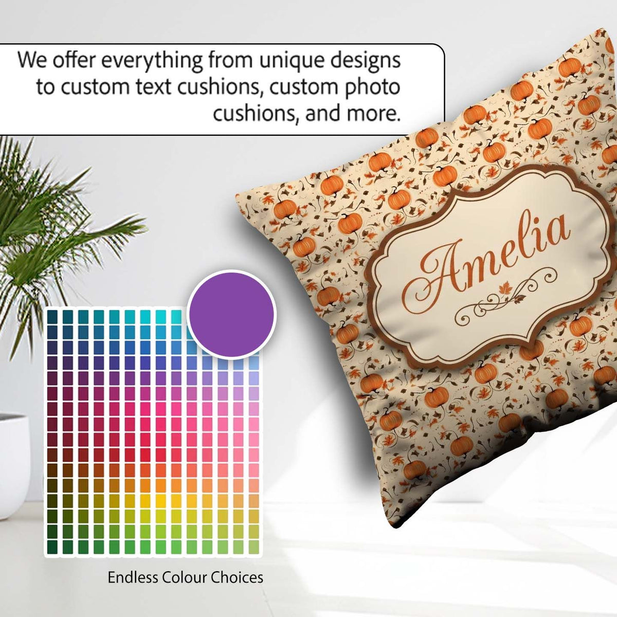 Custom Name Autumn Pumpkins and Swirling Leaves Seamless Pattern Square Filled Cushion Throw Pillow Sofa Bed Home Decor Zip Washable UK Made