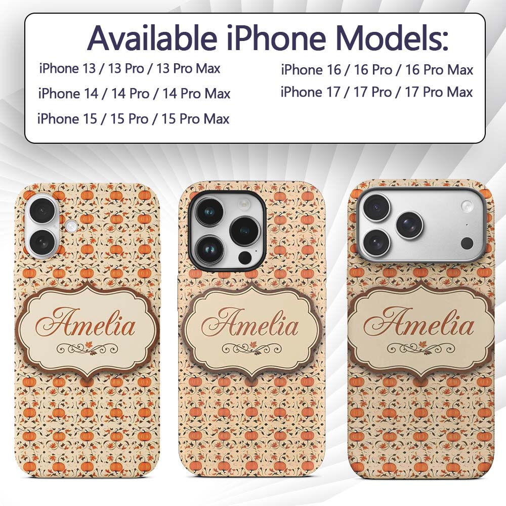 Autumn Pumpkins and Swirling Leaves Seamless Custom Name Protective Phone Case Mobile Cover Durable Everyday Smartphone Shock Resistant