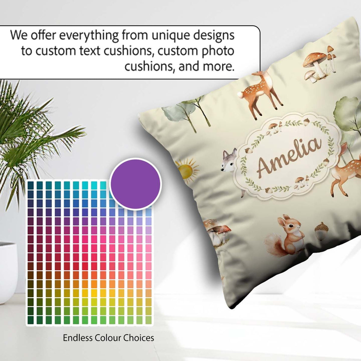 Custom Name Woodland Deer Fox Mushroom Seamless Pattern on Cream Square Filled Cushion Throw Pillow Sofa Bed Home Decor Zip Washable UK Made