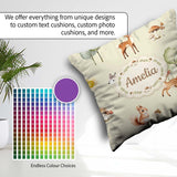 Custom Name Woodland Deer Fox Mushroom Seamless Pattern on Cream Square Filled Cushion Throw Pillow Sofa Bed Home Decor Zip Washable UK Made
