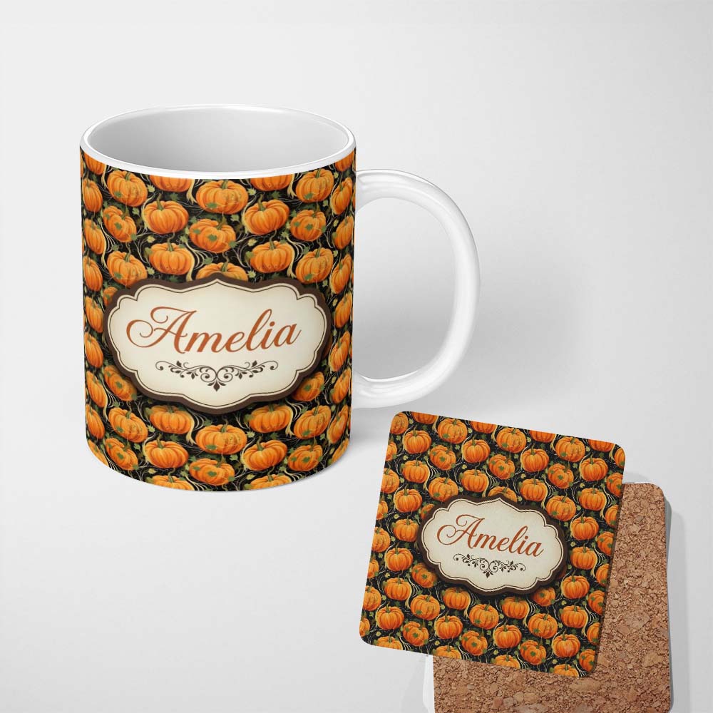 Personalized Custom Name Bright Orange Pumpkins Seamless Pattern Black Background Autumn 11oz Ceramic Coffee Tea Mug White Large Handle