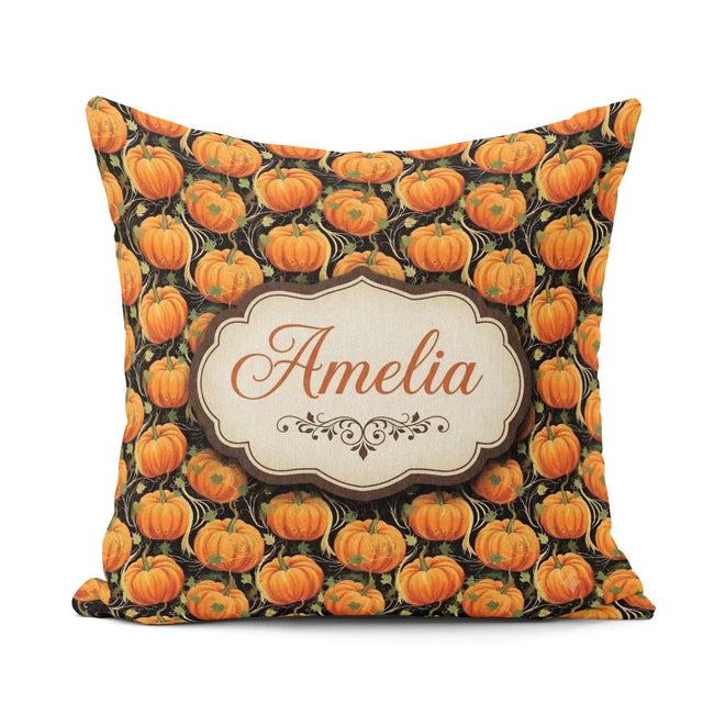 Custom Name Bright Orange Pumpkins Seamless Pattern Black Autumn Square Filled Cushion Throw Pillow Sofa Bed Home Decor Zip Washable UK Made