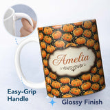 Personalized Custom Name Bright Orange Pumpkins Seamless Pattern Black Background Autumn 11oz Ceramic Coffee Tea Mug White Large Handle