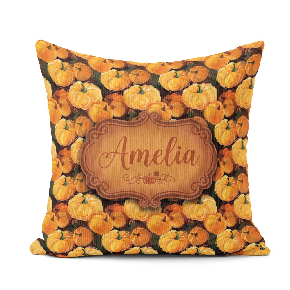 Custom Name Painterly Pumpkin Harvest Pattern Rich Autumn Colors Square Filled Cushion Throw Pillow Sofa Bed Home Decor Zip Washable UK Made