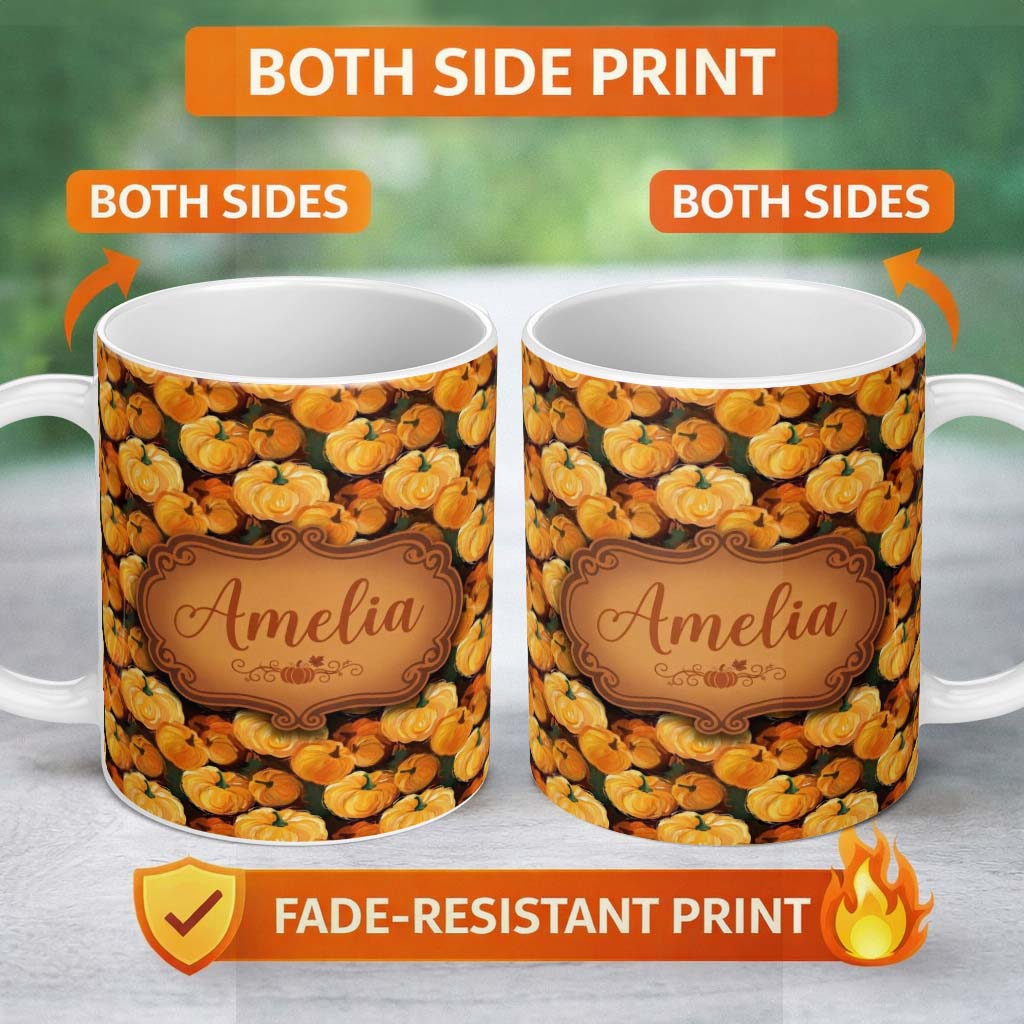 Personalized Custom Name Painterly Pumpkin Harvest Seamless Pattern Rich Autumn Colors 11oz Ceramic Coffee Tea Mug White Large Handle