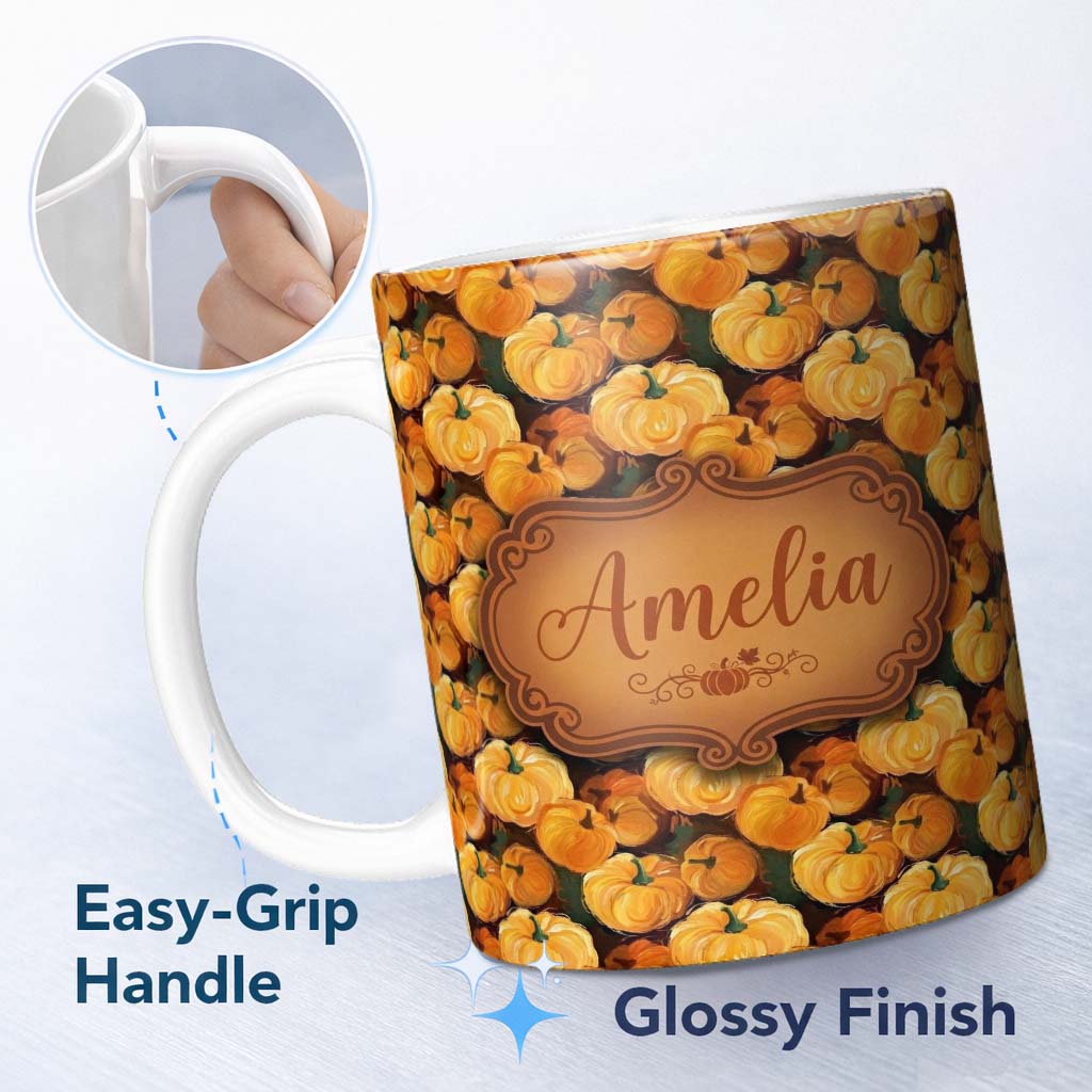 Personalized Custom Name Painterly Pumpkin Harvest Seamless Pattern Rich Autumn Colors 11oz Ceramic Coffee Tea Mug White Large Handle