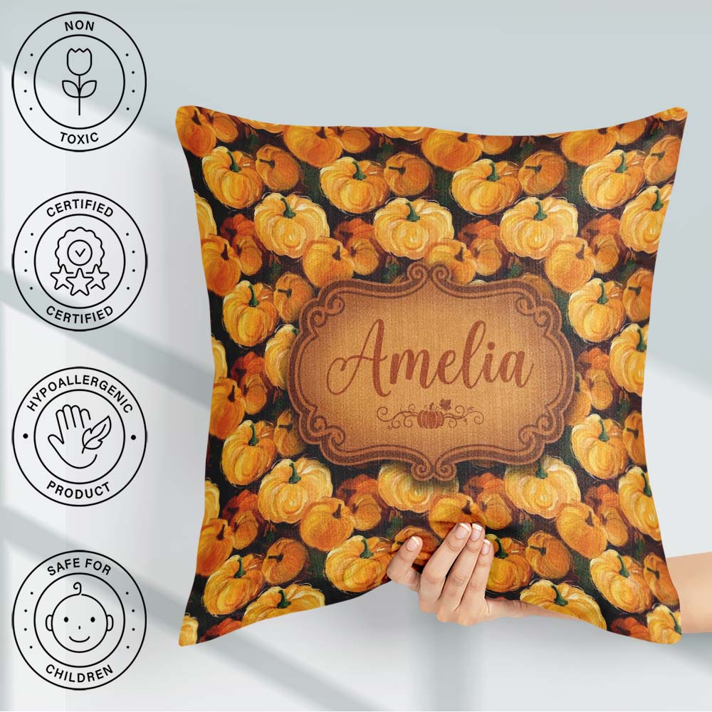 Custom Name Painterly Pumpkin Harvest Pattern Rich Autumn Colors Square Filled Cushion Throw Pillow Sofa Bed Home Decor Zip Washable UK Made