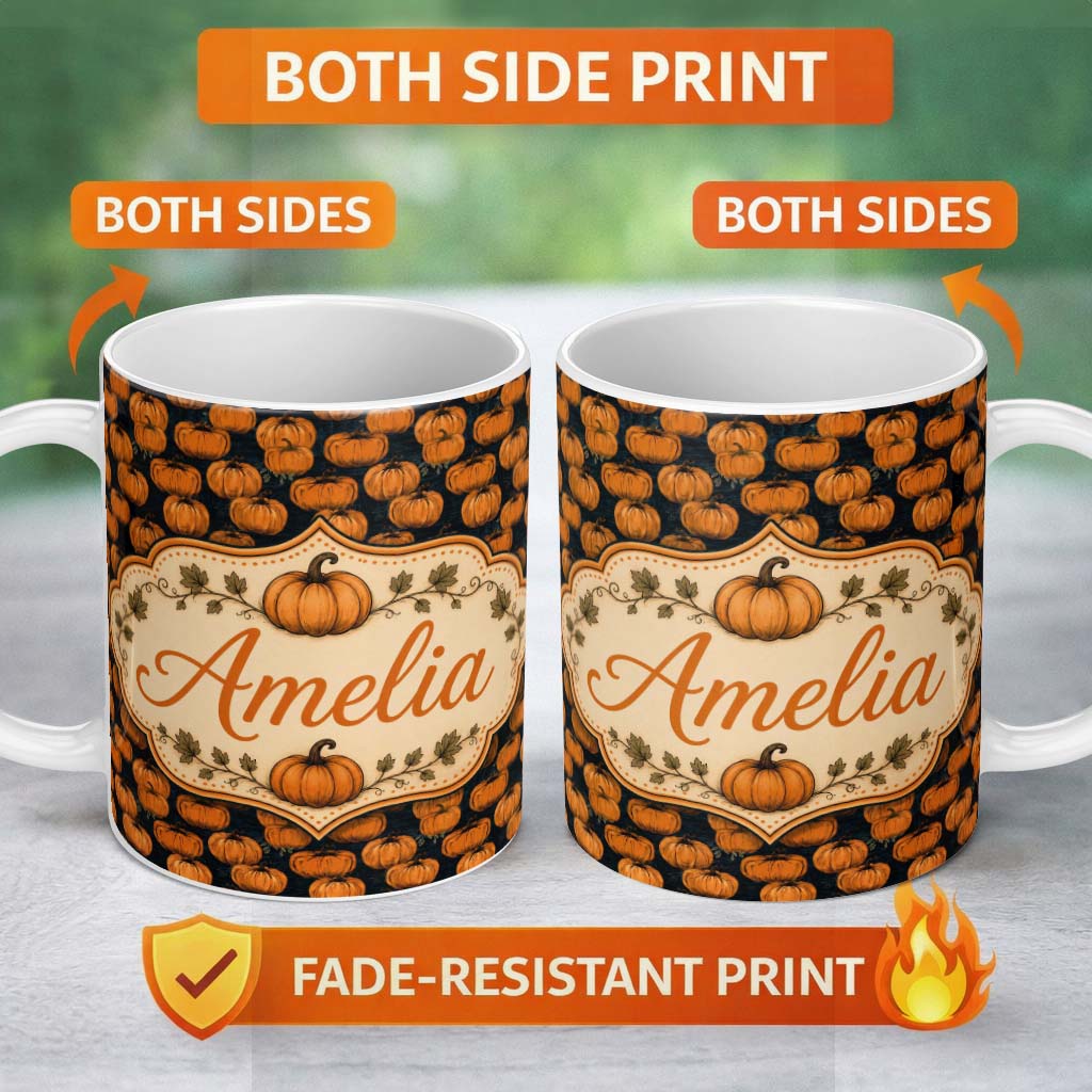 Personalized Custom Name Hand Drawn Pumpkins on Dark Textured Background Seamless Pattern 11oz Ceramic Coffee Tea Mug White Large Handle