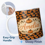 Personalized Custom Name Hand Drawn Pumpkins on Dark Textured Background Seamless Pattern 11oz Ceramic Coffee Tea Mug White Large Handle
