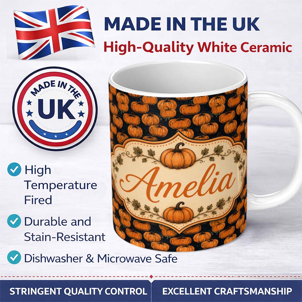 Personalized Custom Name Hand Drawn Pumpkins on Dark Textured Background Seamless Pattern 11oz Ceramic Coffee Tea Mug White Large Handle