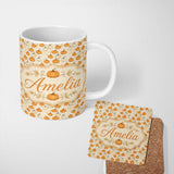 Personalized Custom Name Soft Watercolor Pumpkins in Orange and White Seamless Pattern Light 11oz Ceramic Coffee Tea Mug White Large Handle