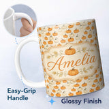 Personalized Custom Name Soft Watercolor Pumpkins in Orange and White Seamless Pattern Light 11oz Ceramic Coffee Tea Mug White Large Handle