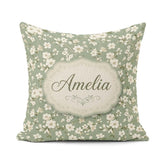 Custom Name Elegant White Floral Blossoms on Sage Green Seamless Square Filled Cushion Throw Pillow Sofa Bed Home Decor Zip Washable UK Made
