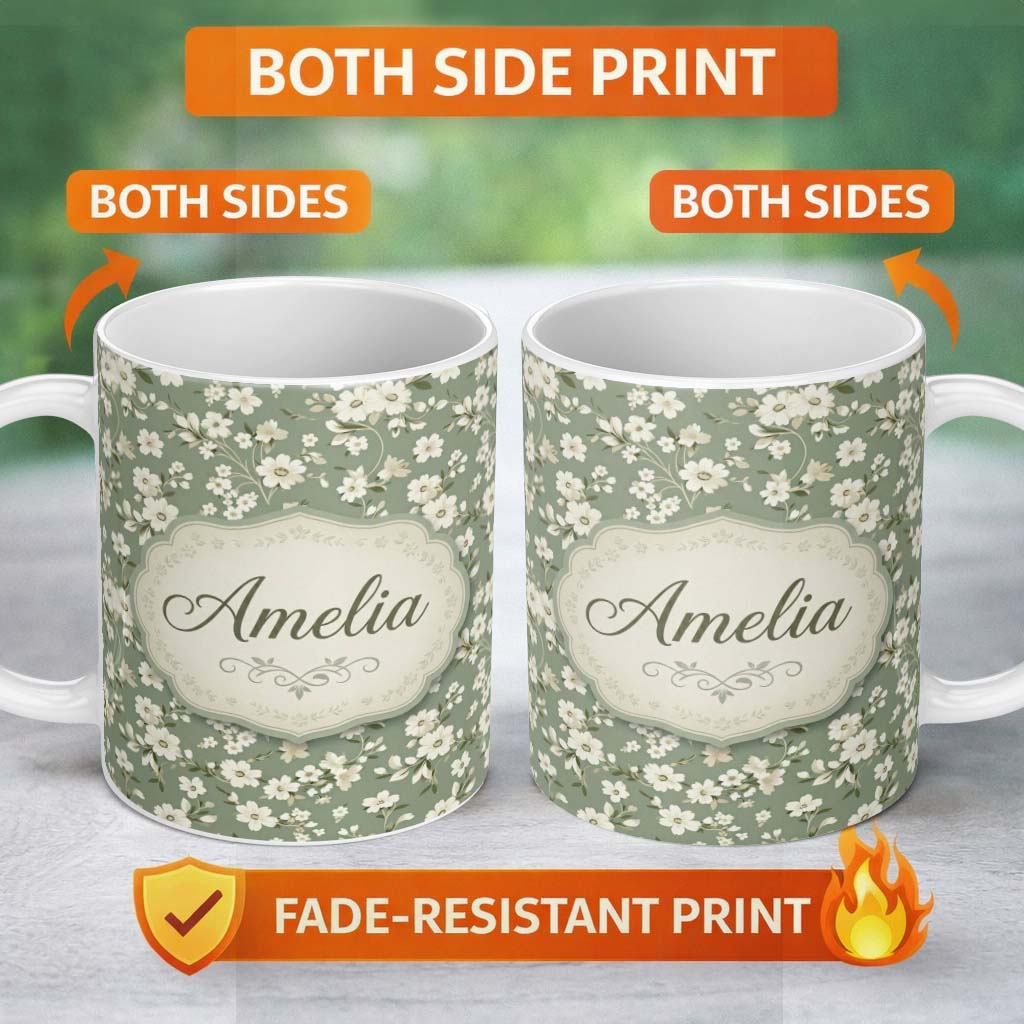 Personalized Custom Name Elegant White Floral Blossoms on Sage Green Seamless Pattern 11oz Ceramic Coffee Tea Mug White Large Handle