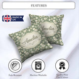 Custom Name Elegant White Floral Blossoms on Sage Green Seamless Square Filled Cushion Throw Pillow Sofa Bed Home Decor Zip Washable UK Made