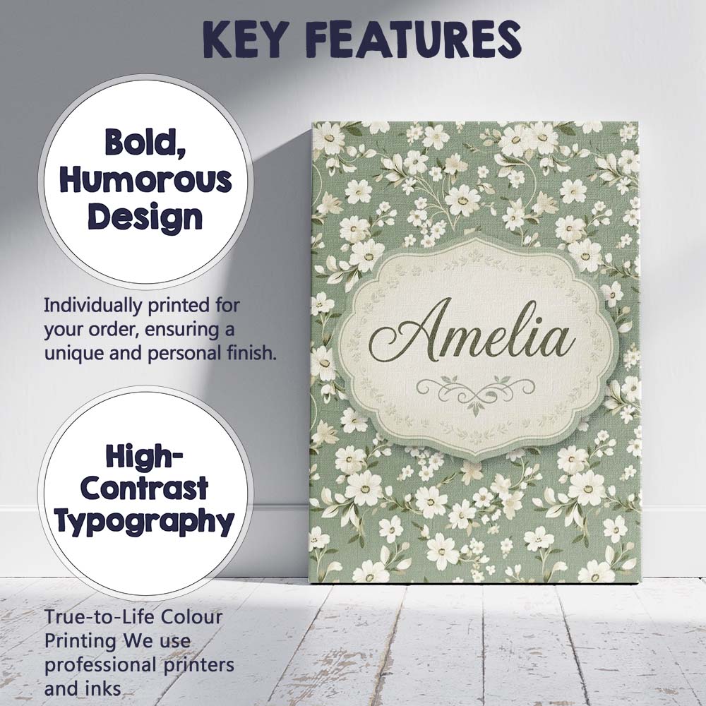 Personalised Name Elegant White Floral Custom  Unique Gift Idea Modern Room Accent Canvas Wall Art Print Decor Picture Ready to Hang