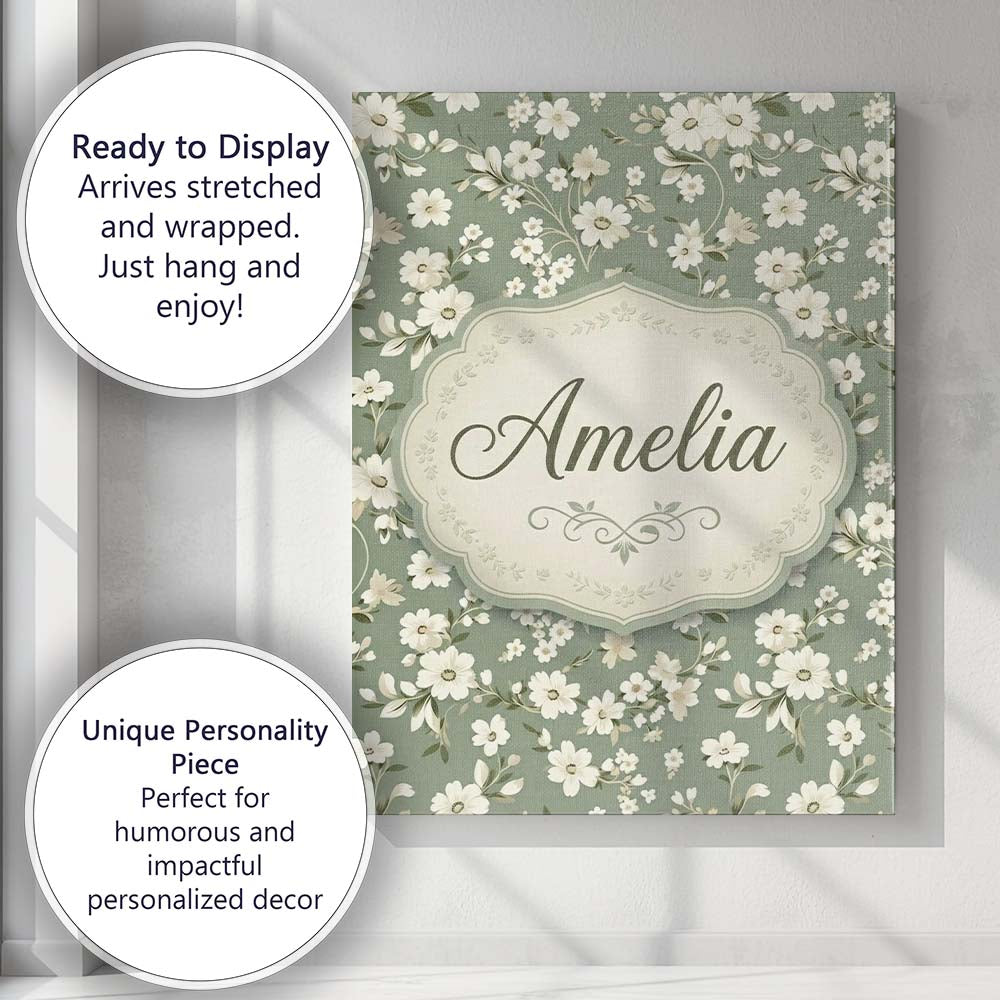 Personalised Name Elegant White Floral Custom  Unique Gift Idea Modern Room Accent Canvas Wall Art Print Decor Picture Ready to Hang