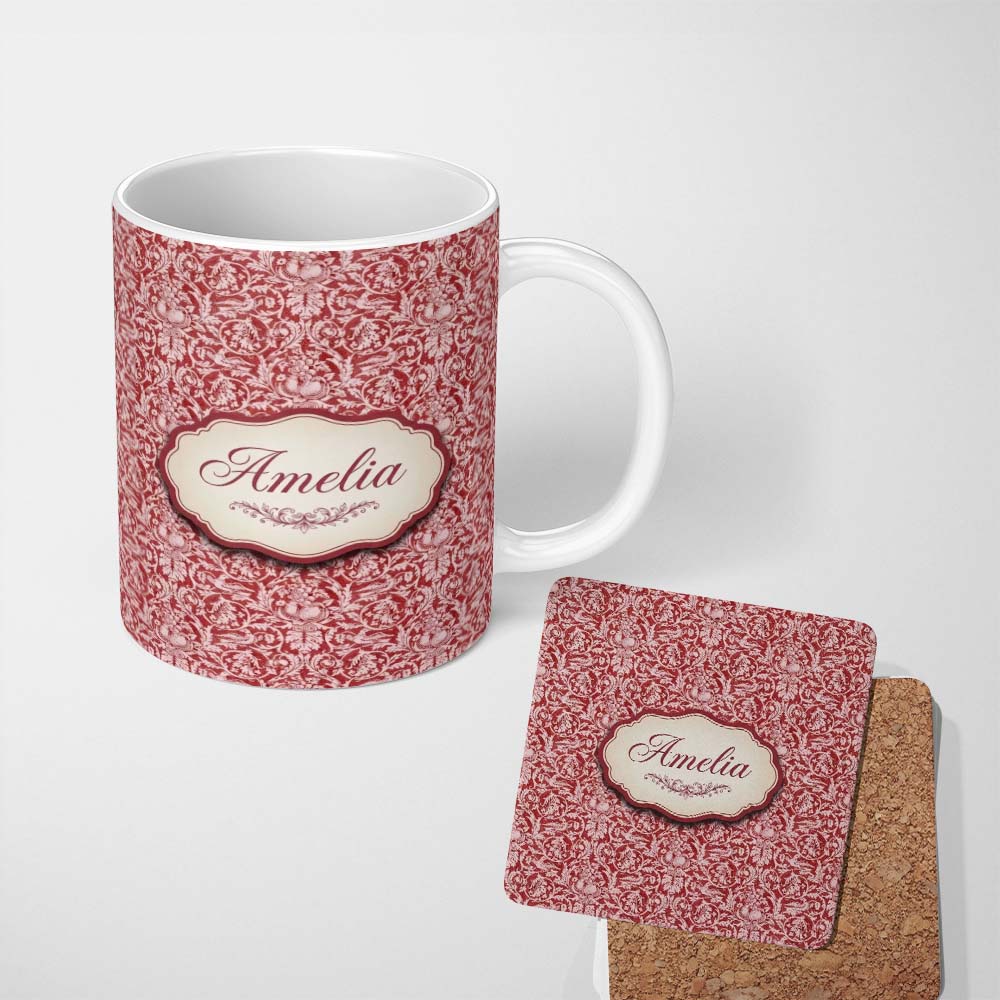 Personalized Custom Name Vintage Red Toile Floral Birds and Fruit Seamless Pattern Classic 11oz Ceramic Coffee Tea Mug White Large Handle