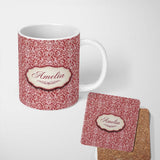 Personalized Custom Name Vintage Red Toile Floral Birds and Fruit Seamless Pattern Classic 11oz Ceramic Coffee Tea Mug White Large Handle