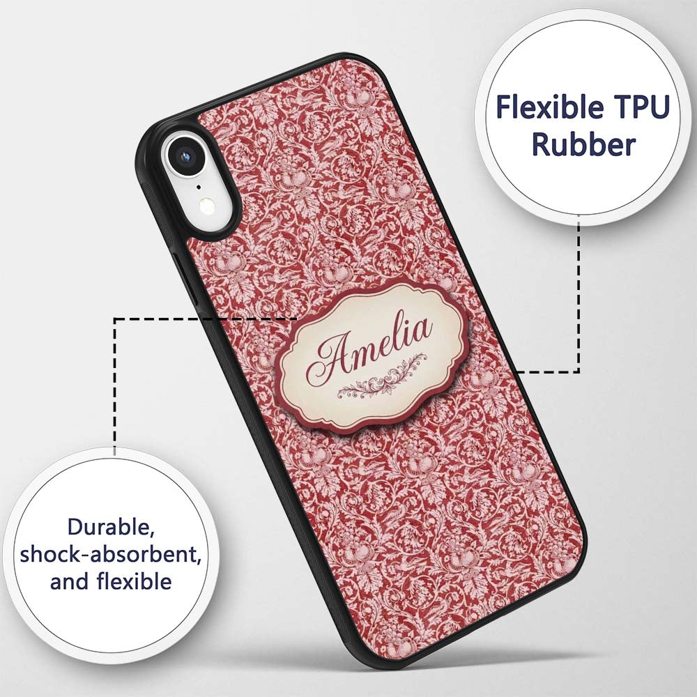 Vintage Red Toile Floral Birds and Fruit Seamless Custom Name Protective Phone Case Mobile Cover Durable Everyday Smartphone Shock Resistant