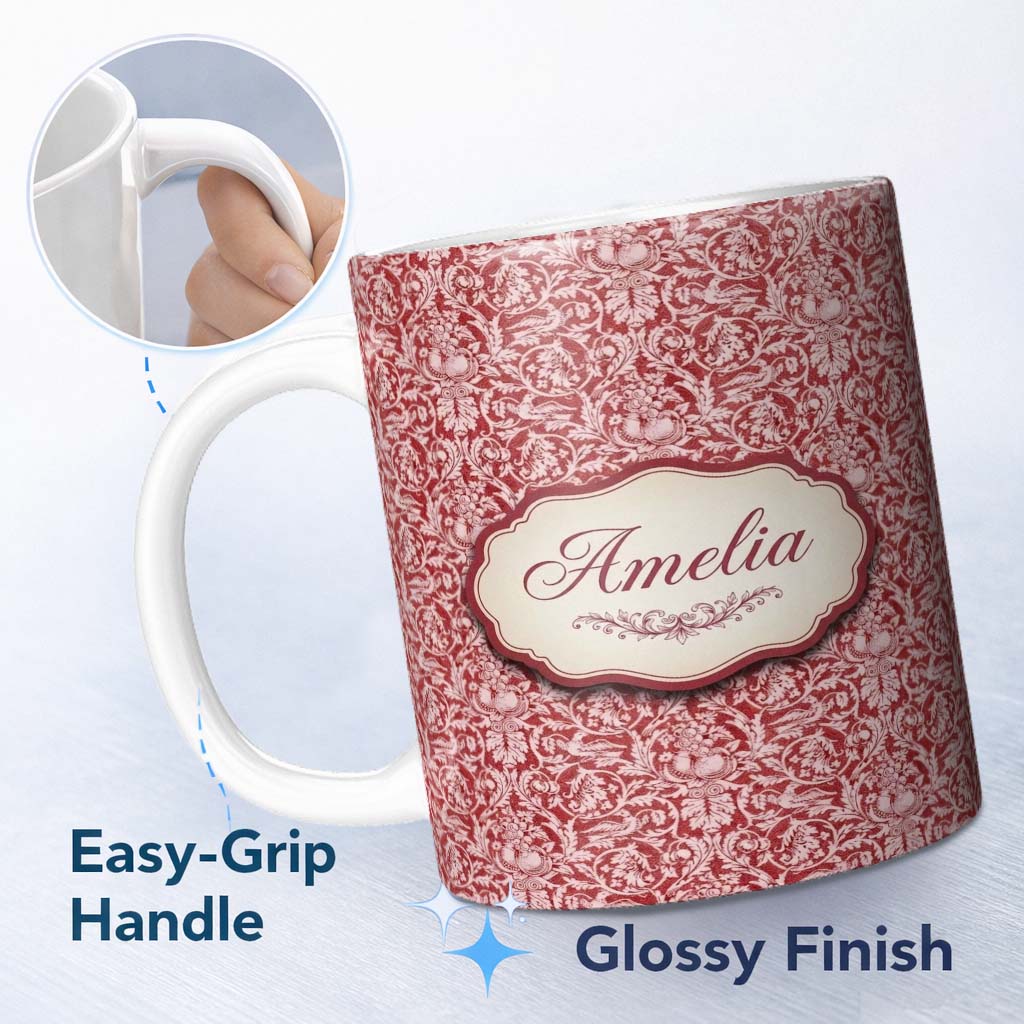 Personalized Custom Name Vintage Red Toile Floral Birds and Fruit Seamless Pattern Classic 11oz Ceramic Coffee Tea Mug White Large Handle