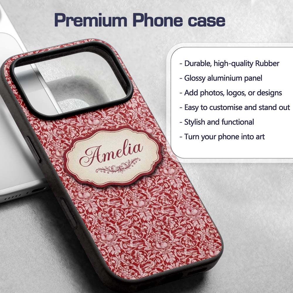 Vintage Red Toile Floral Birds and Fruit Seamless Custom Name Protective Phone Case Mobile Cover Durable Everyday Smartphone Shock Resistant