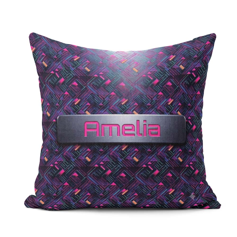 Custom Name Neon Geometric Lines Abstract Background Futuristic Square Filled Cushion Throw Pillow Sofa Bed Home Decor Zip Washable UK Made