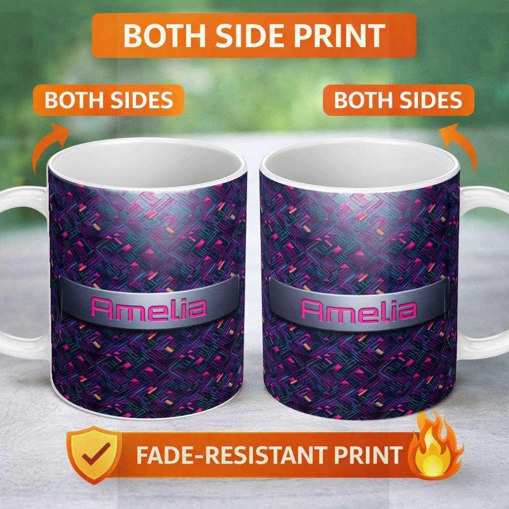 Personalized Custom Name Neon Geometric Lines Abstract Pattern Dark Background Futuristic 11oz Ceramic Coffee Tea Mug White Large Handle