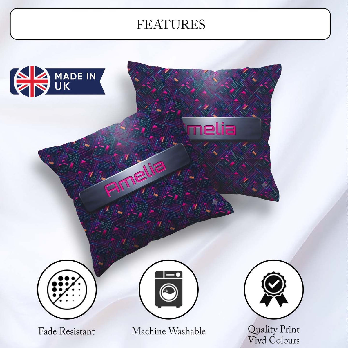 Custom Name Neon Geometric Lines Abstract Background Futuristic Square Filled Cushion Throw Pillow Sofa Bed Home Decor Zip Washable UK Made
