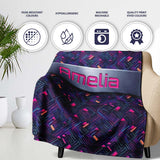 Neon Geometric Lines Abstract Pattern Dark Background Futuristic  Personalised Custom Name Super Soft Fleece Blanket Bed Sofa Throw