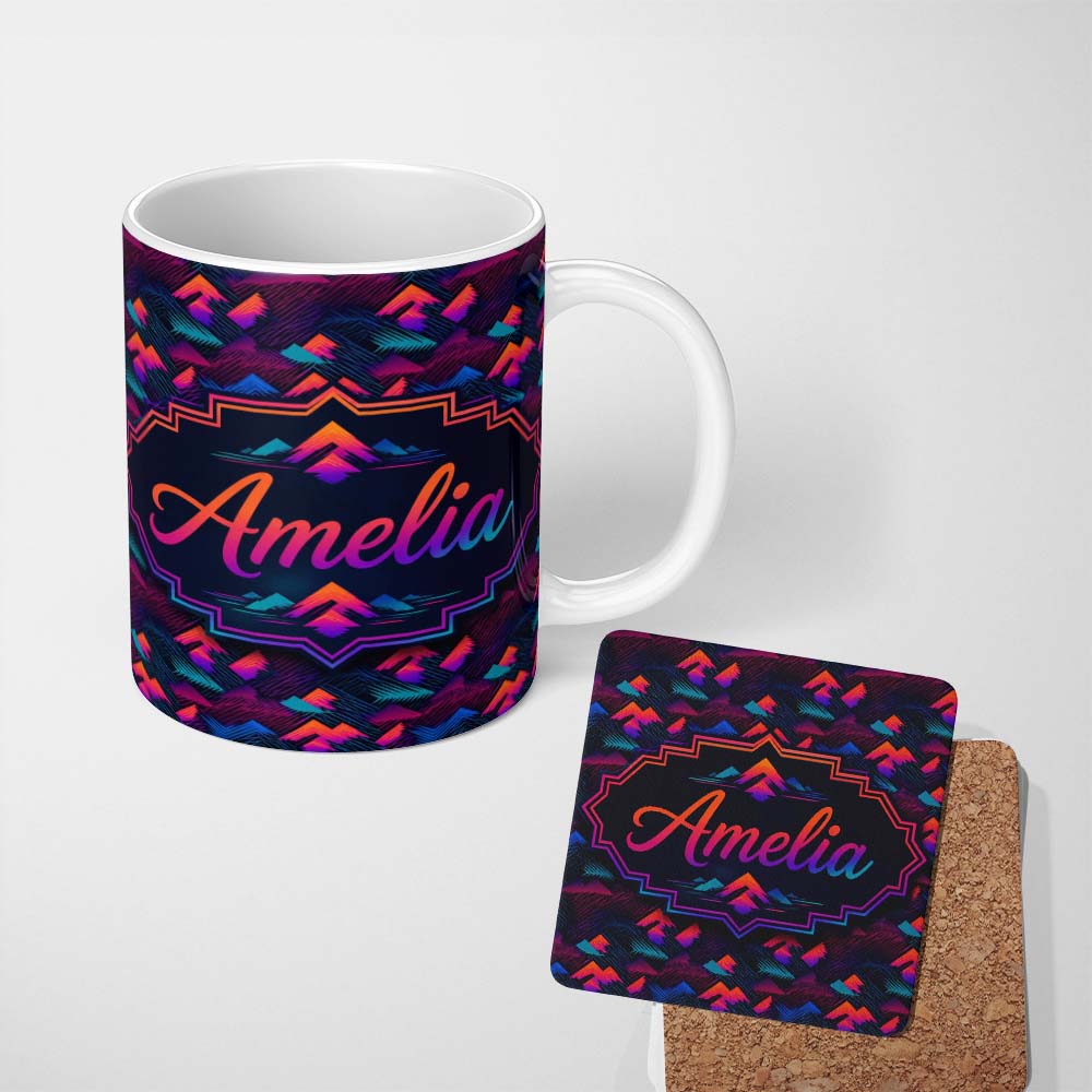 Personalized Custom Name Retro Neon Mountain Shapes Seamless Pattern Vibrant Abstract 11oz Ceramic Coffee Tea Mug White Large Handle