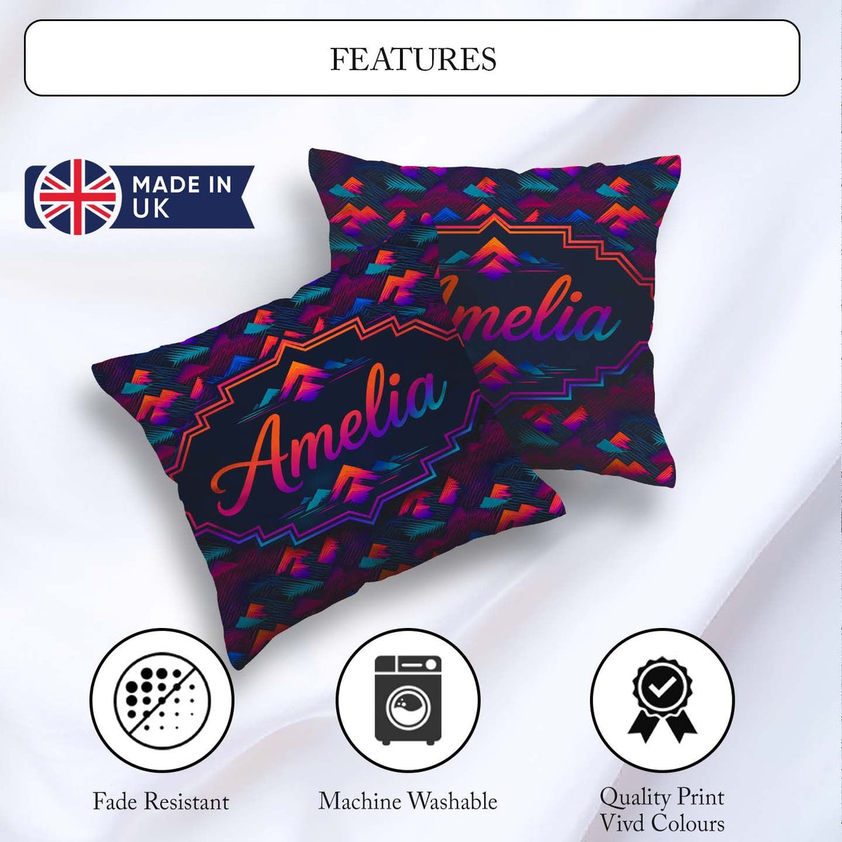 Custom Name Retro Neon Mountain Shapes Seamless Pattern Abstract Square Filled Cushion Throw Pillow Sofa Bed Home Decor Zip Washable UK Made