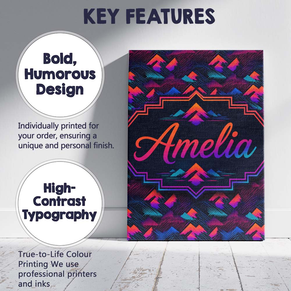 Personalised Name Retro Neon Mountain Custom Modern Room Accent Creative Decorator Style Canvas Wall Art Print Decor Picture Ready to Hang