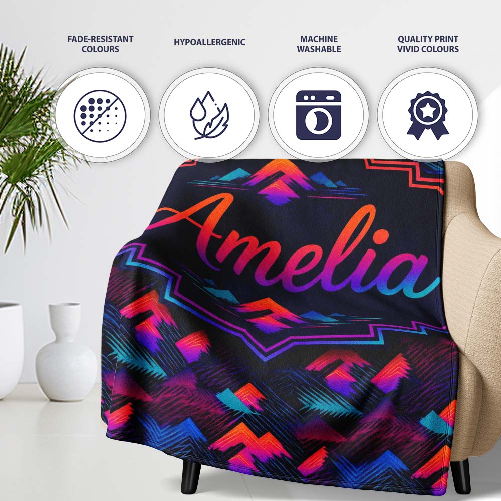 Retro Neon Mountain Shapes Seamless Pattern Vibrant Abstract  Personalised Custom Name Super Soft Fleece Blanket Bed Sofa Throw