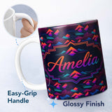 Personalized Custom Name Retro Neon Mountain Shapes Seamless Pattern Vibrant Abstract 11oz Ceramic Coffee Tea Mug White Large Handle