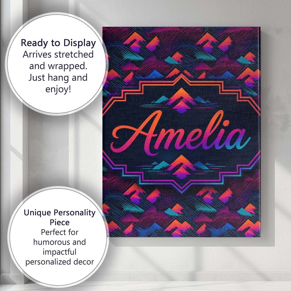 Personalised Name Retro Neon Mountain Custom Modern Room Accent Creative Decorator Style Canvas Wall Art Print Decor Picture Ready to Hang