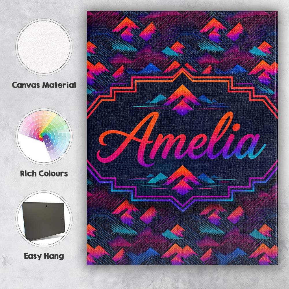 Personalised Name Retro Neon Mountain Custom Modern Room Accent Creative Decorator Style Canvas Wall Art Print Decor Picture Ready to Hang