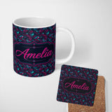 Personalized Custom Name Cyberpunk Circuit Style Geometric Pattern Teal and Magenta Seamless 11oz Ceramic Coffee Tea Mug White Large Handle