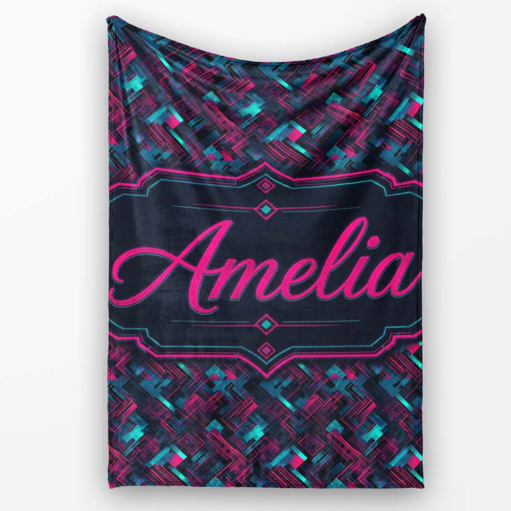 Cyberpunk Circuit Style Geometric Pattern Teal and Magenta Seamless  Personalised Custom Name Super Soft Fleece Blanket Bed Sofa Throw