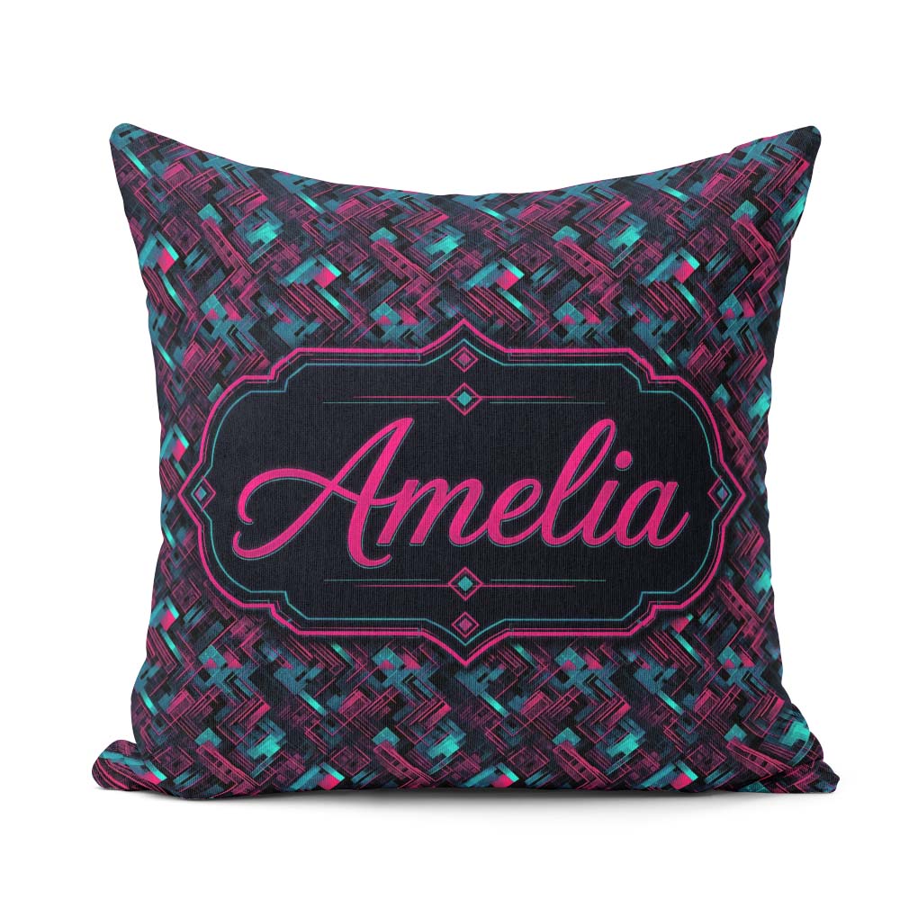 Custom Name Cyberpunk Circuit Geometric Pattern Teal and Magenta Square Filled Cushion Throw Pillow Sofa Bed Home Decor Zip Washable UK Made