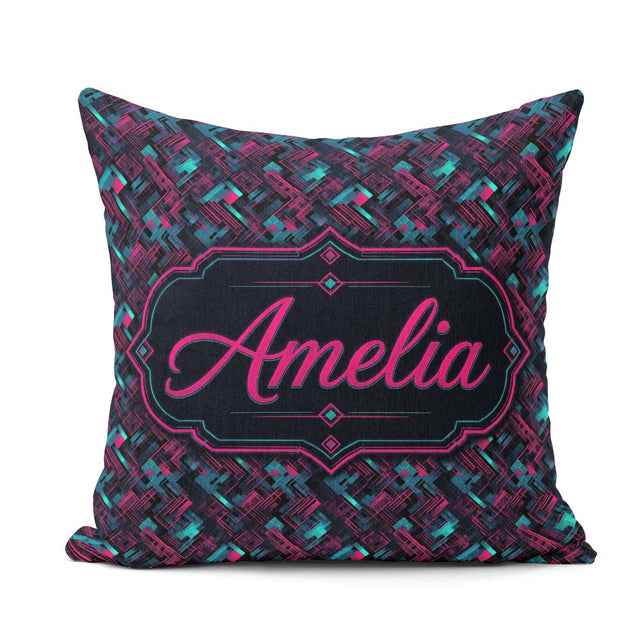 Custom Name Cyberpunk Circuit Geometric Pattern Teal and Magenta Square Filled Cushion Throw Pillow Sofa Bed Home Decor Zip Washable UK Made